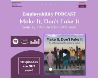 Make it, Don't fake it podcast image on purple background