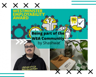 Image shows Shashwat in the lower left corner, wearing a WEA hoodie, as well as a CES branded notebook and the WEA logo