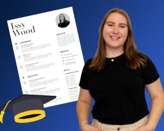 Image shows a recent graduate and their resume