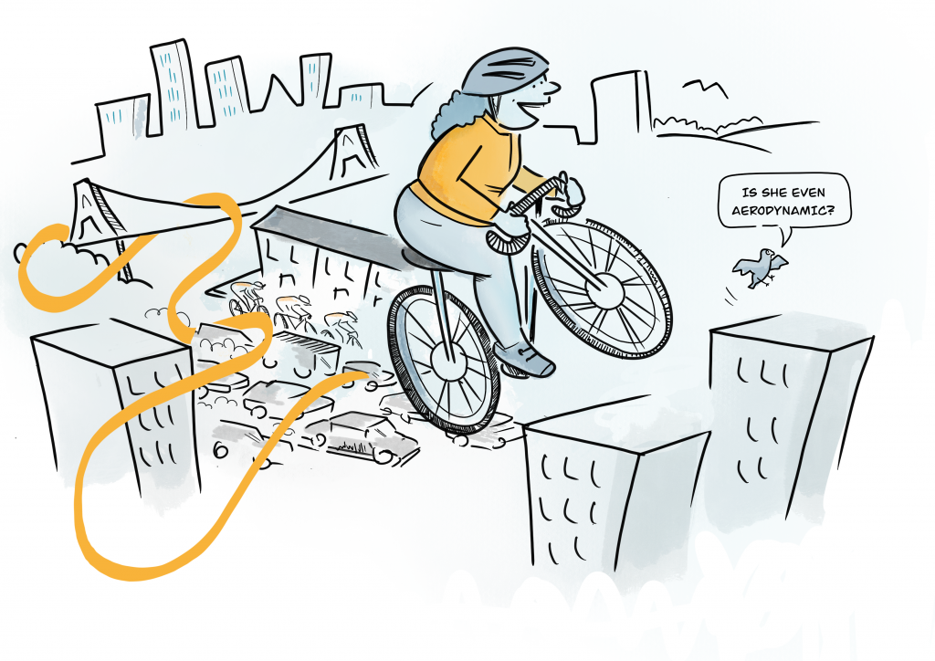 A cartoon drawing of a city landscape where a woman of colour, with a big smile on her face, is on a road bike that flies above high-rise buildings, car traffic and a group of road cyclists. A pigeon flutters out of her way and says "is she even aerodynamic?"