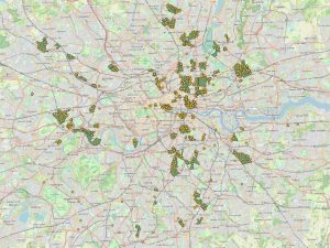 A map of London showing LTN filters in yellow and LTN areas in green.