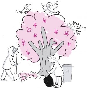 An illustration of a tree in full leaf with two people picking litter in front of it. There is a bird in the tree and a recycling bin next to it.