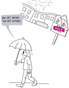An illustration of houses in the blazing sun, a 'sold' sign and woman walking past with a parasol. There is a speech bubble saying 'too hot inside, too hot outside'.