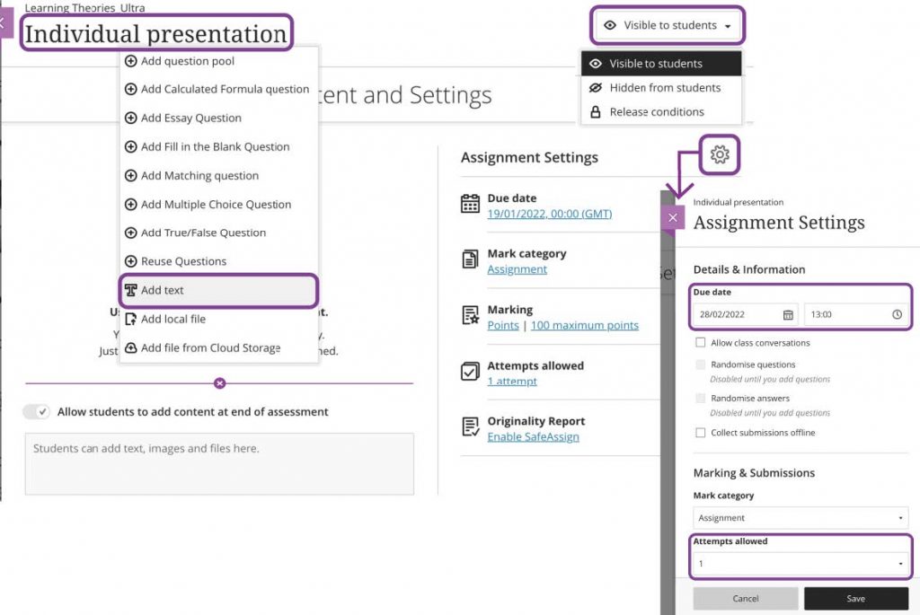 Figure 2. Assignment settings