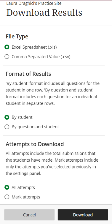 Download Assessment Results Options