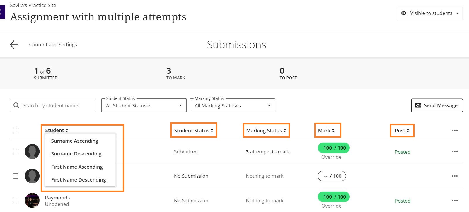 Submission Page Sorting Controls