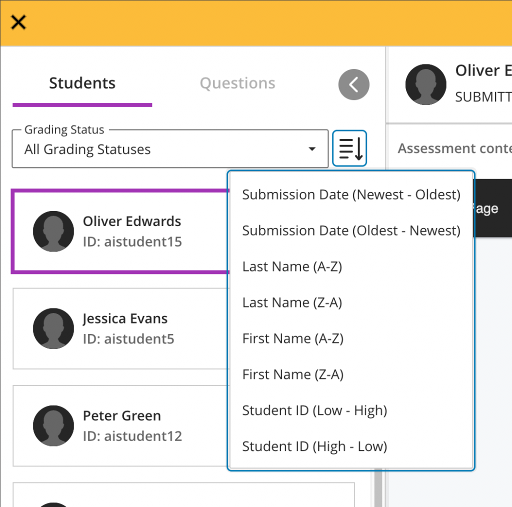 Sorting controls in Students and Questions tab