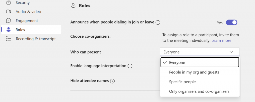 Teams meeting options