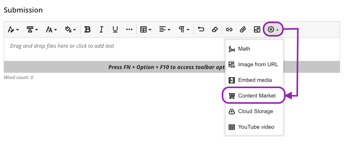 Screenshot: Submission toolbar showing the circled plus icon and Content Market option