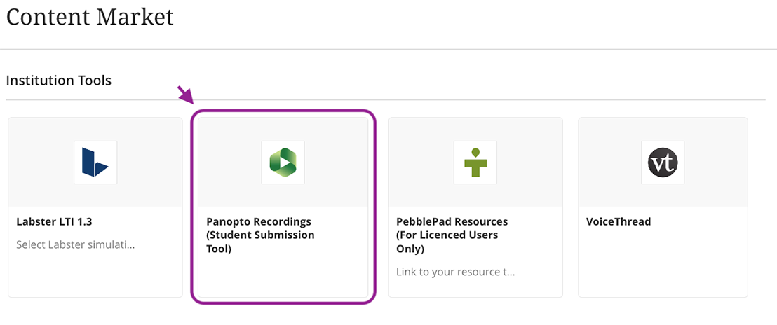 Screenshot: Content Market listing showing Panopto Recordings (Student Submission Tool)