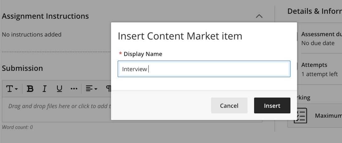 Screenshot: Blackboard submission page showing Display Name field and Insert button