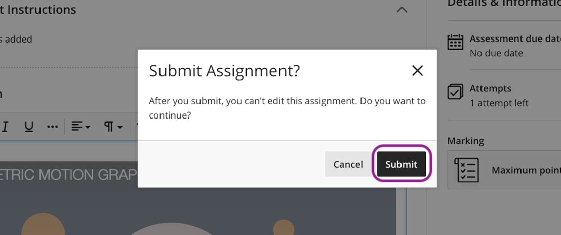 Screenshot: Bottom of the Blackboard page with the Submit button highlighted