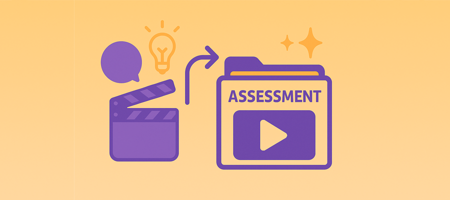 Abstract illustration of a video clapperboard leading to a folder labeled ‘Assessment'.
