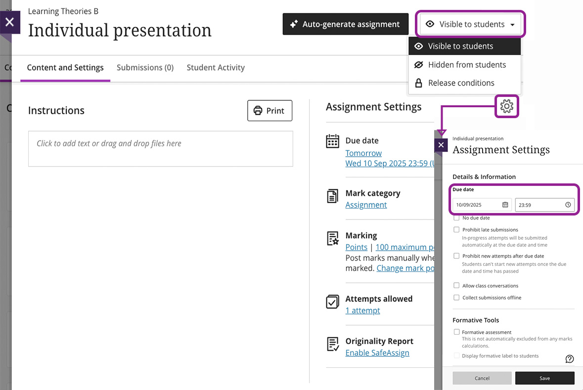 Figure 2: Assignment settings in Blackboard