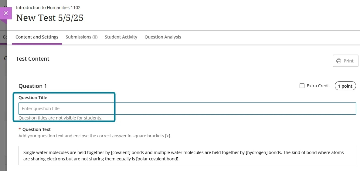 Add and manage question titles in tests, forms, and banks