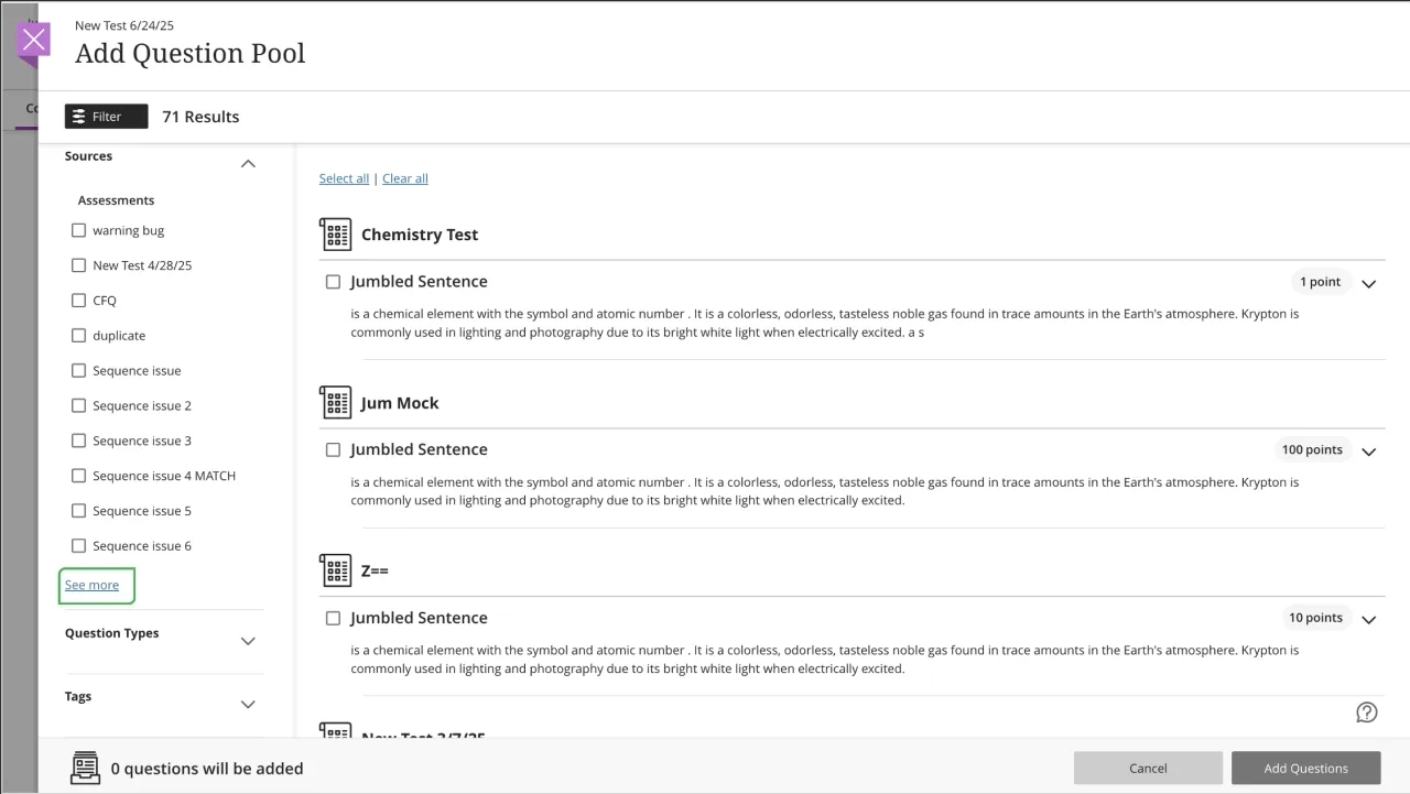 Use ‘See More’ functionality in Add Question Pool 