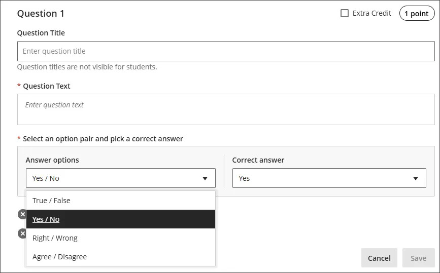 Expanded question options for truefalse 1