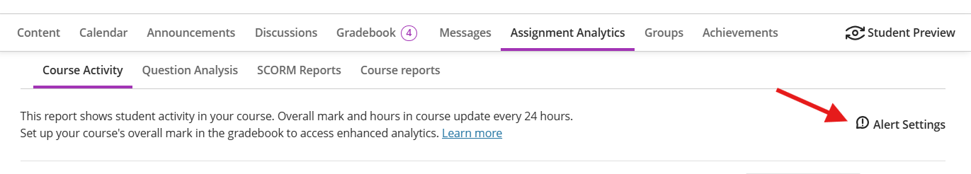 Alert Settings panel for inactivity alerts