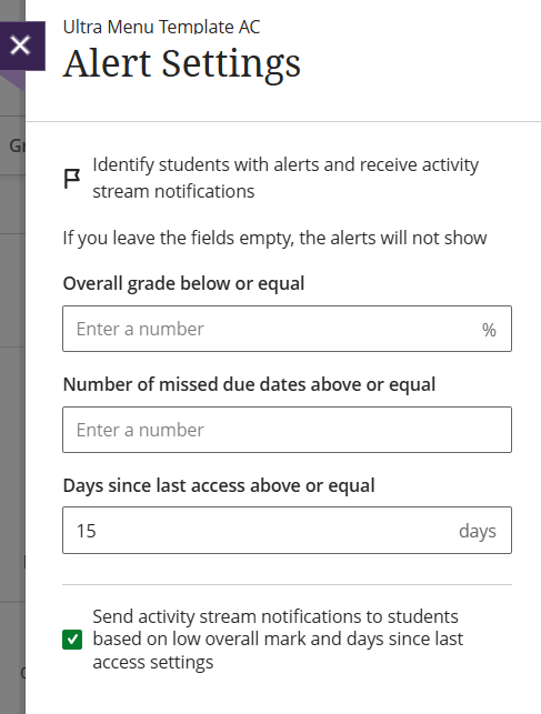Alert Settings panel for inactivity alerts