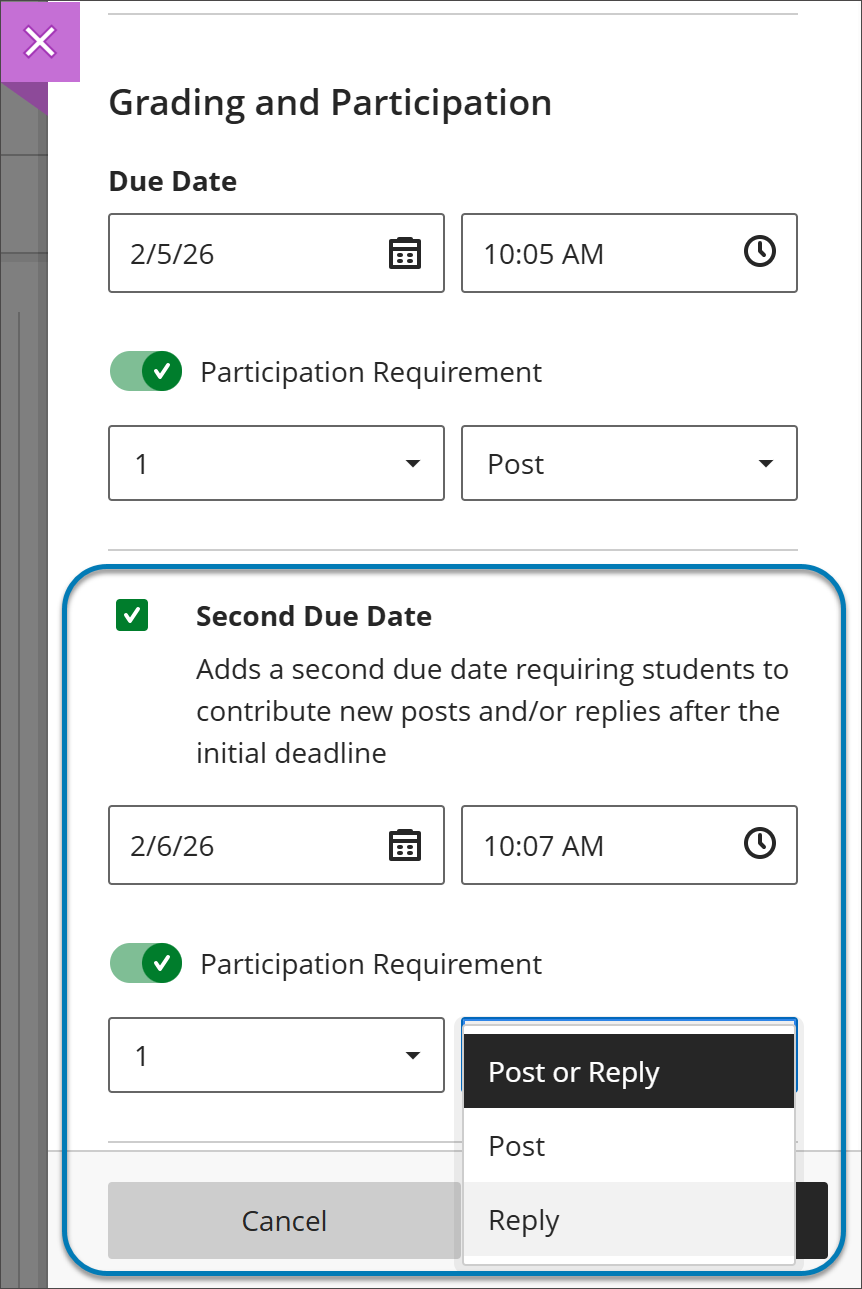 Add a second participation requirement and due date in Discussions