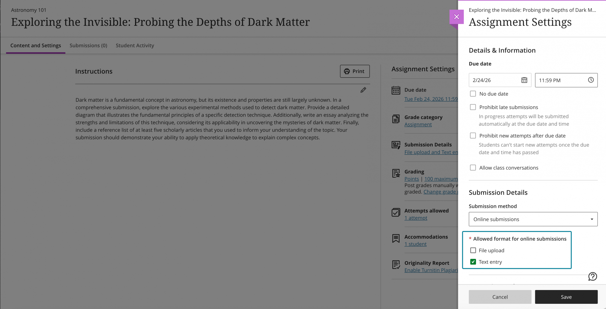 Specify assignment submission type