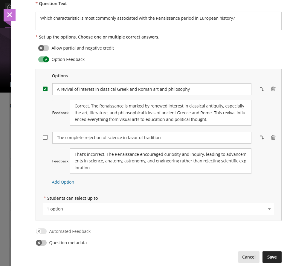 Provide answer-level feedback for multiple choice and multiple answer questions
