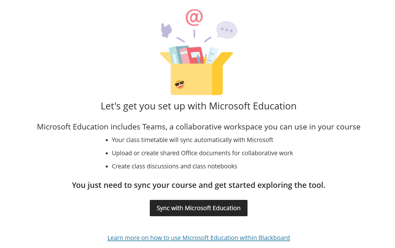 The Microsoft Education interface open in Blackboard Ultra with the Sync with Microsoft Education button