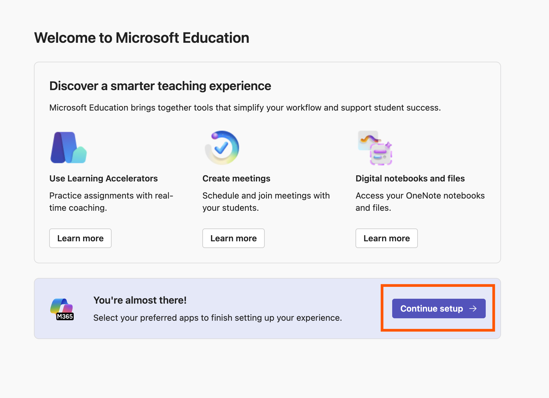 The Microsoft Education interface open in Blackboard Ultra with the continue setup button