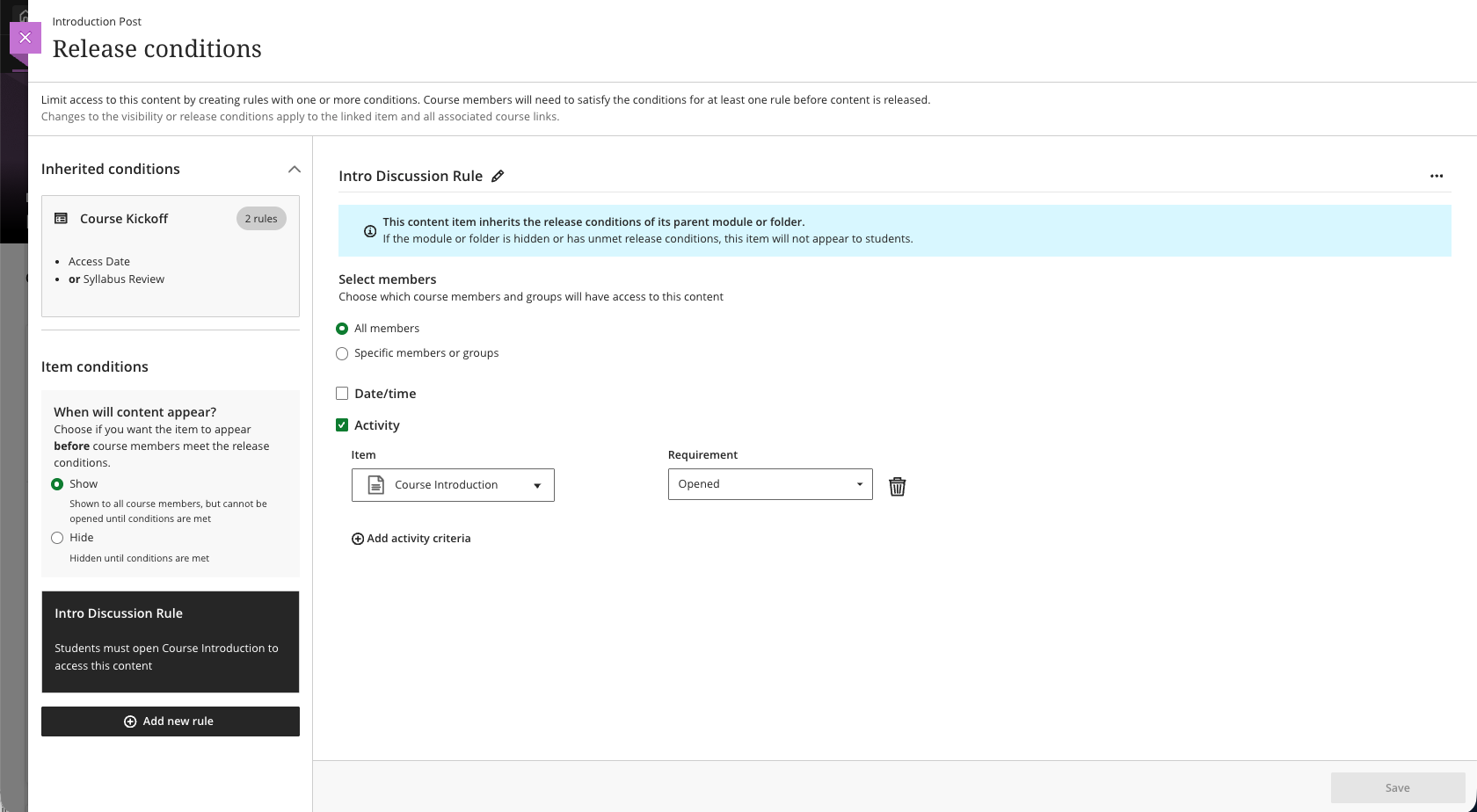 Visualise release conditions inherited by items in learning modules and folders