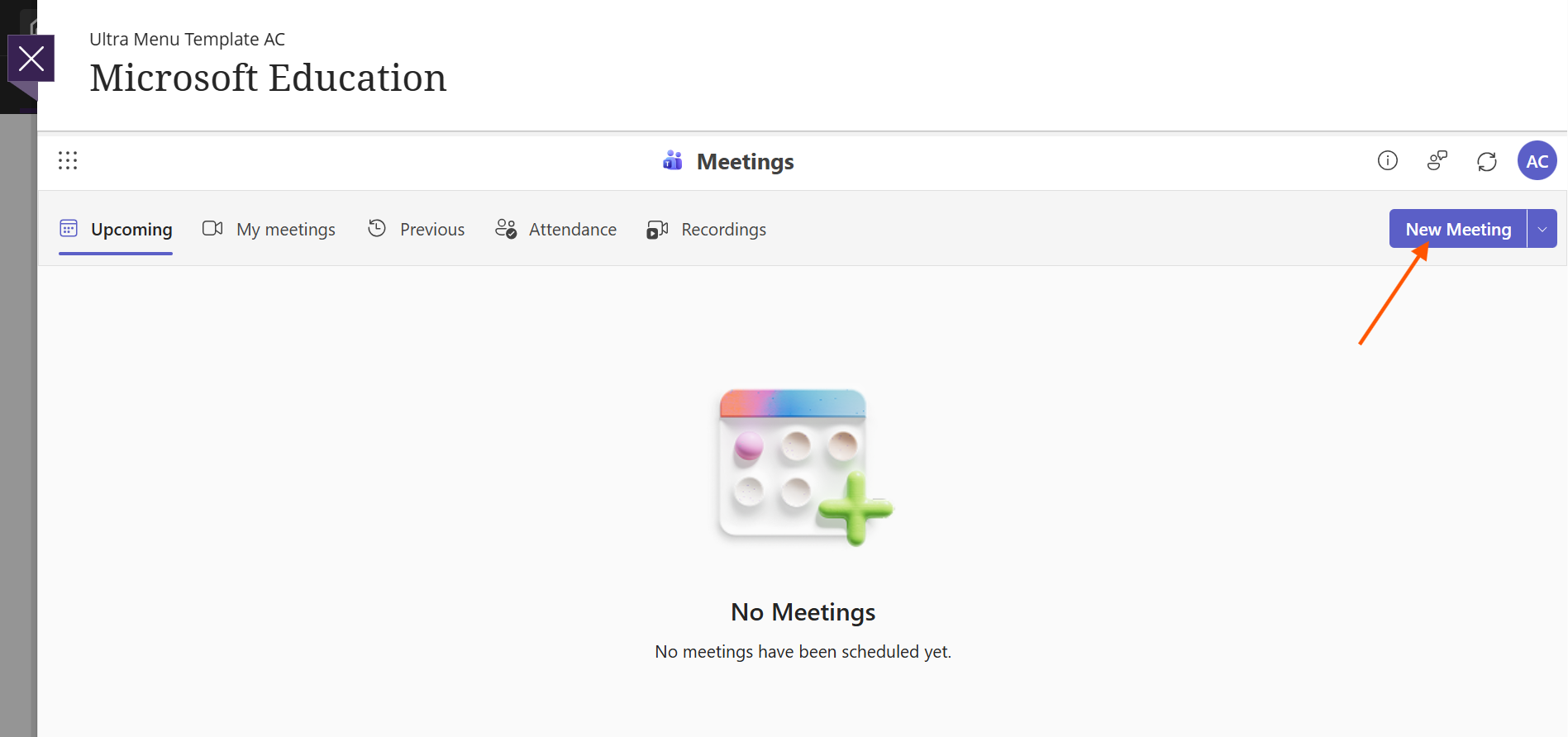 Meetings screen with New Meeting button highlighted