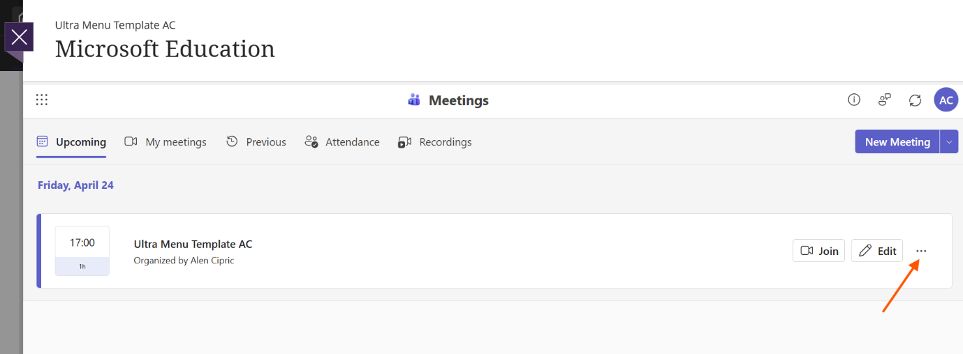 Upcoming meetings list with More options menu open