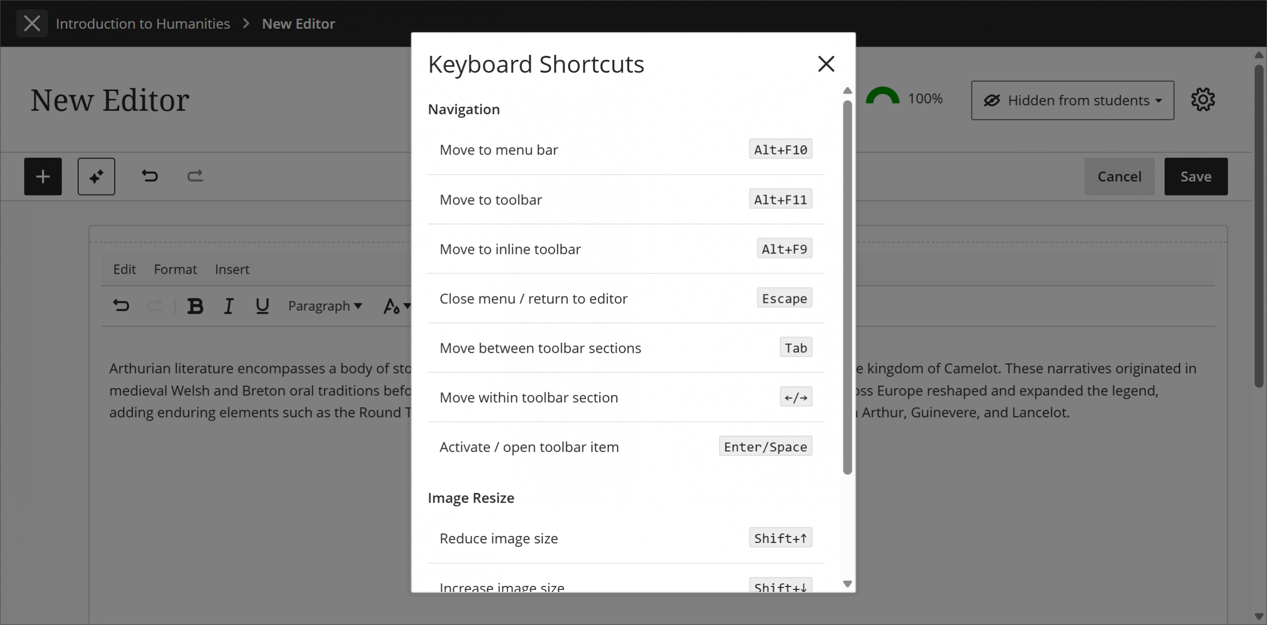 Improvements to the beta Content Editor in Blackboard Documents 4