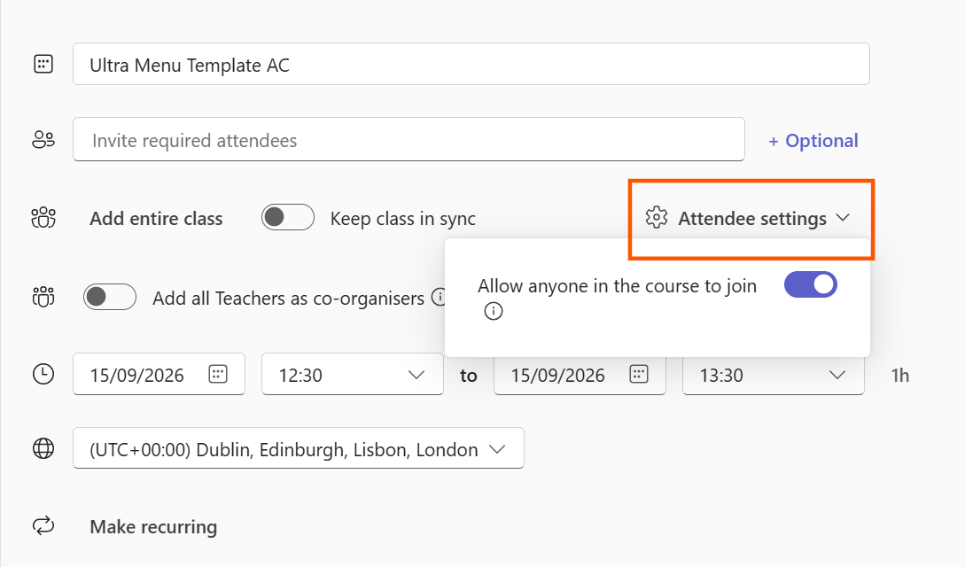 attendee settings highlighted and the tollge for allow anyone in the course to join is enabled