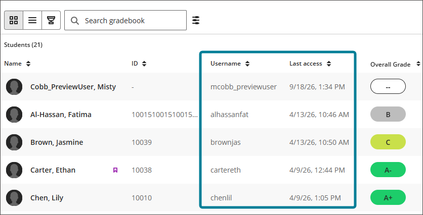 Display username and last access date in the gradebook grid view 2
