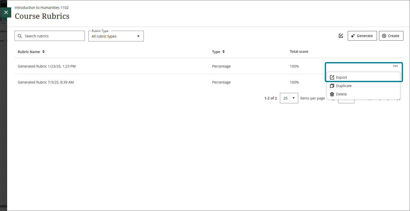 Export and import rubrics