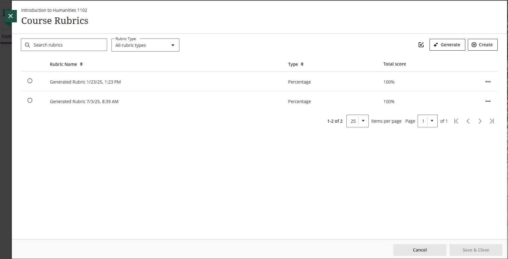 Manage rubrics from a dedicated course rubrics page