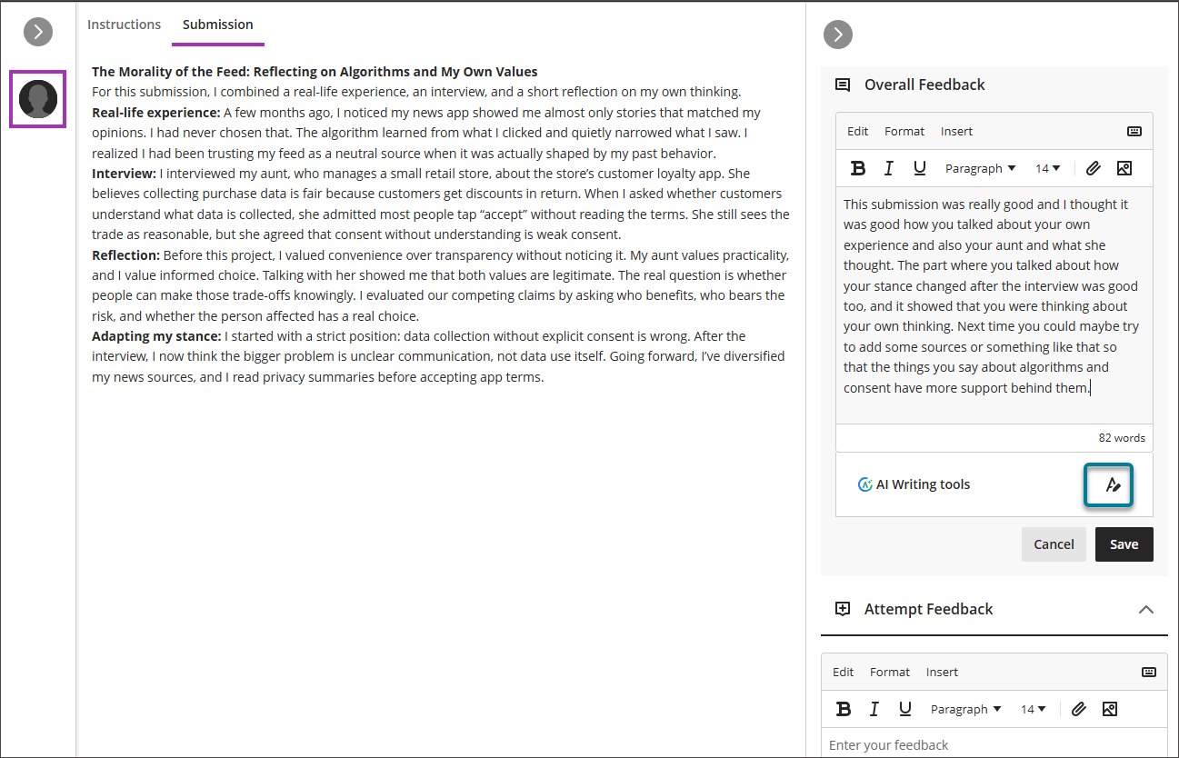 Use AI Writing Tools in overall feedback