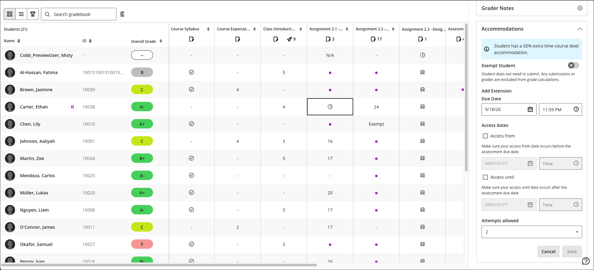 View exception indicators in the gradebook grid view