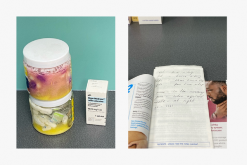 Picture on the left: This is a kit to destroy medications as they are controlled drugs and the way to dispose them is to put them in a kit filled with powder that would destroy medications by mixing it with water. Until the content is fully dissolved and no excess medications could be seen, that is when we can dispose them. Only controlled drugs are disposed this way. 

Picture on the right: This was written by my lovely colleague when I first started working with them. Doctors tend to write instructions of how to take medications in Latin, therefore she wrote me a list of what doctors could have written and what they mean. 
