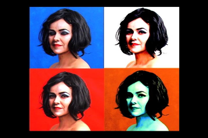 Screen shot of part of the film Chica Pop. Four tiled images of a Elizabeth Taylor look-a-like