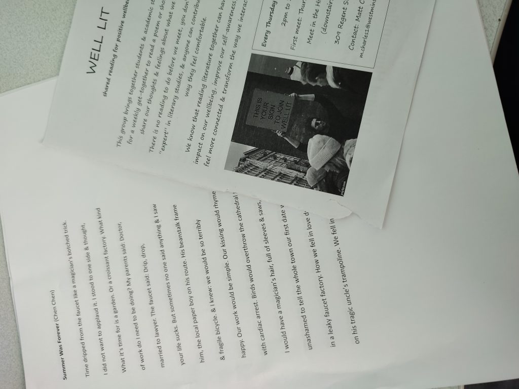 Photography of two pages: the words to poem called 'Summer was Forever' by the poet Chen Chen and a flyer for the Well Lit reading group