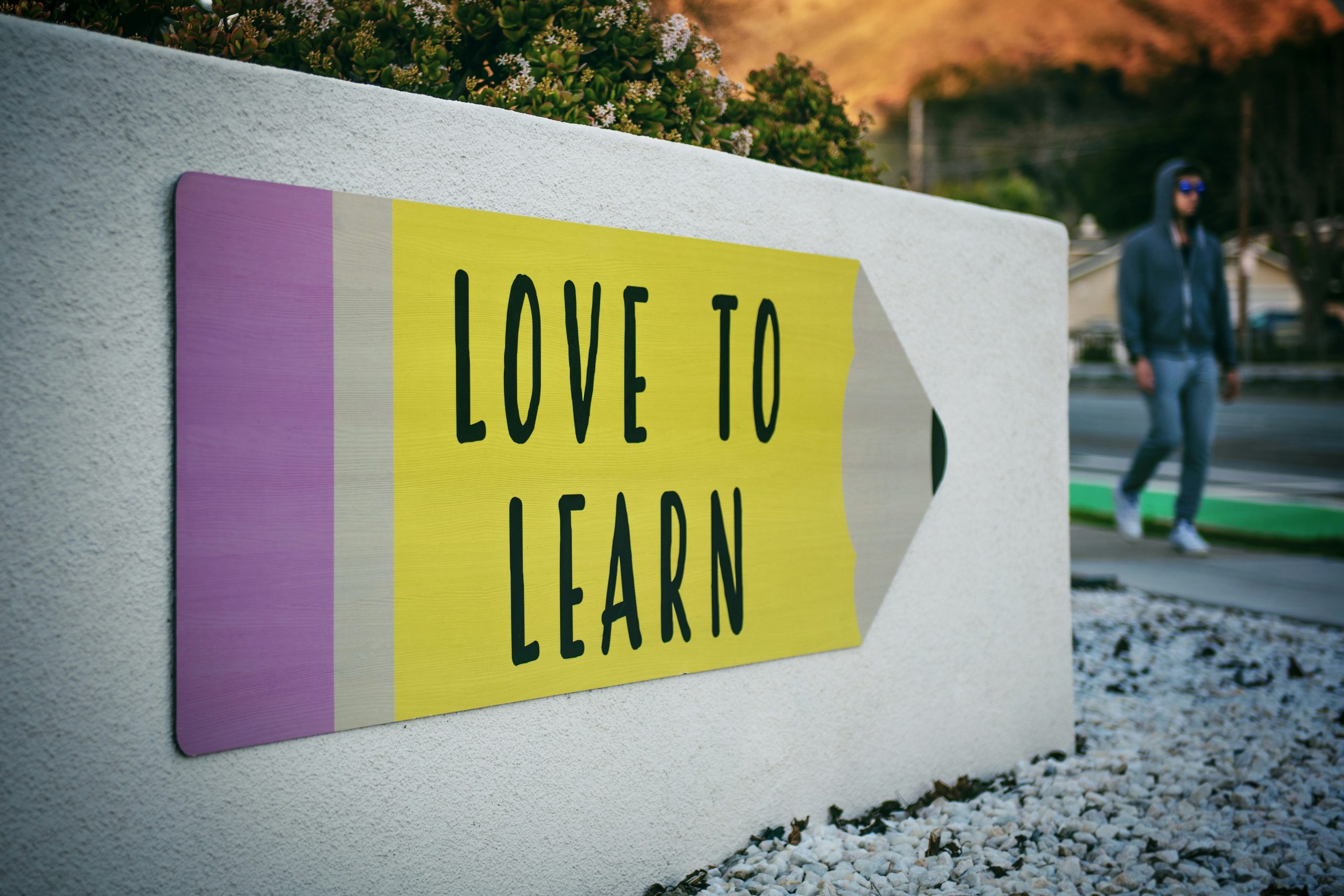 A arrow shape sign showing LOVE TO LEARN wordings.