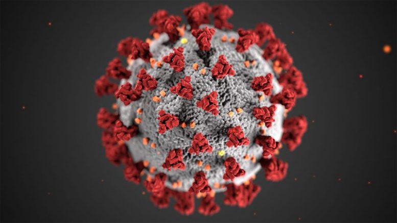 A graphic picture of a microbe from Covid-19, a grey sphere with red dots covering it.