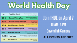 World Health Day on blue background with list of events to the left
