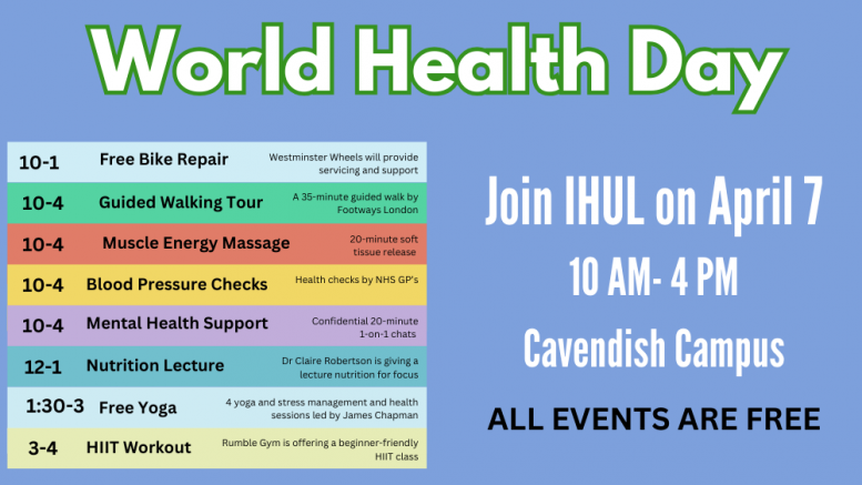 World Health Day on blue background with list of events to the left