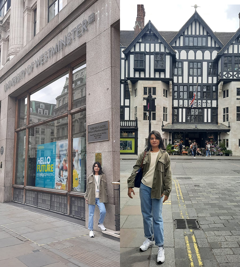 Mental Health & Wellbeing - Adapting to New Places_International Student Blogger,_Hira outside Regent Street campus and Liberty London