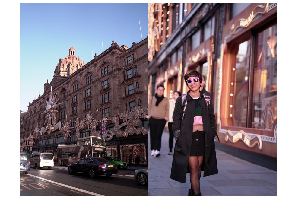 Harrods exterior and Thao walking outside