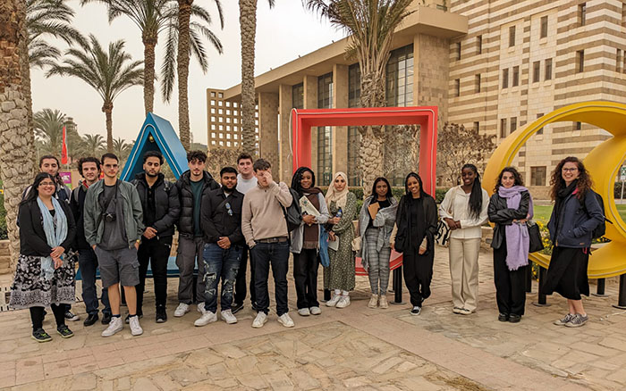 WWC Cairo group outside The AUC-teal border-Westminster Working Cultures Cairo-Argia Hernandez Ochoteco