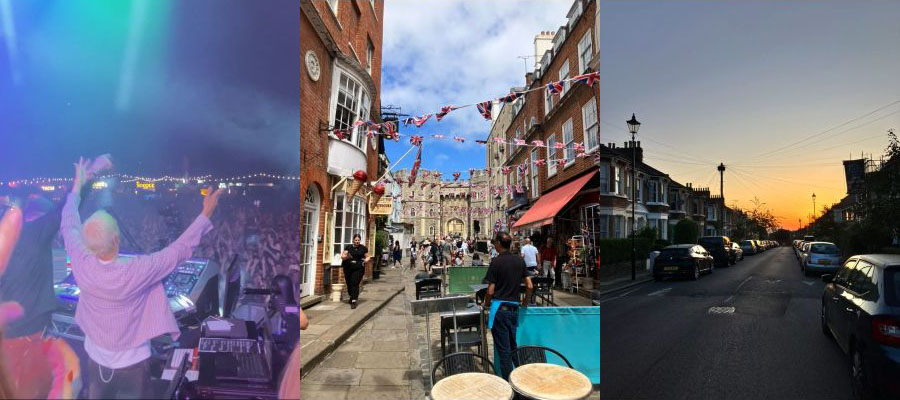 Finding your rhythm-3 photo montage of London night DJ, street with UK flags and castle, London street at sunset_900