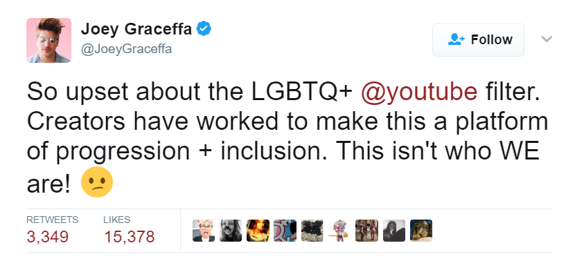 "So upset about the LGBTQ+ @youtube filter. Creators have worked to make this a platform of progression + inclusion. This isn't who WE are! 😕"